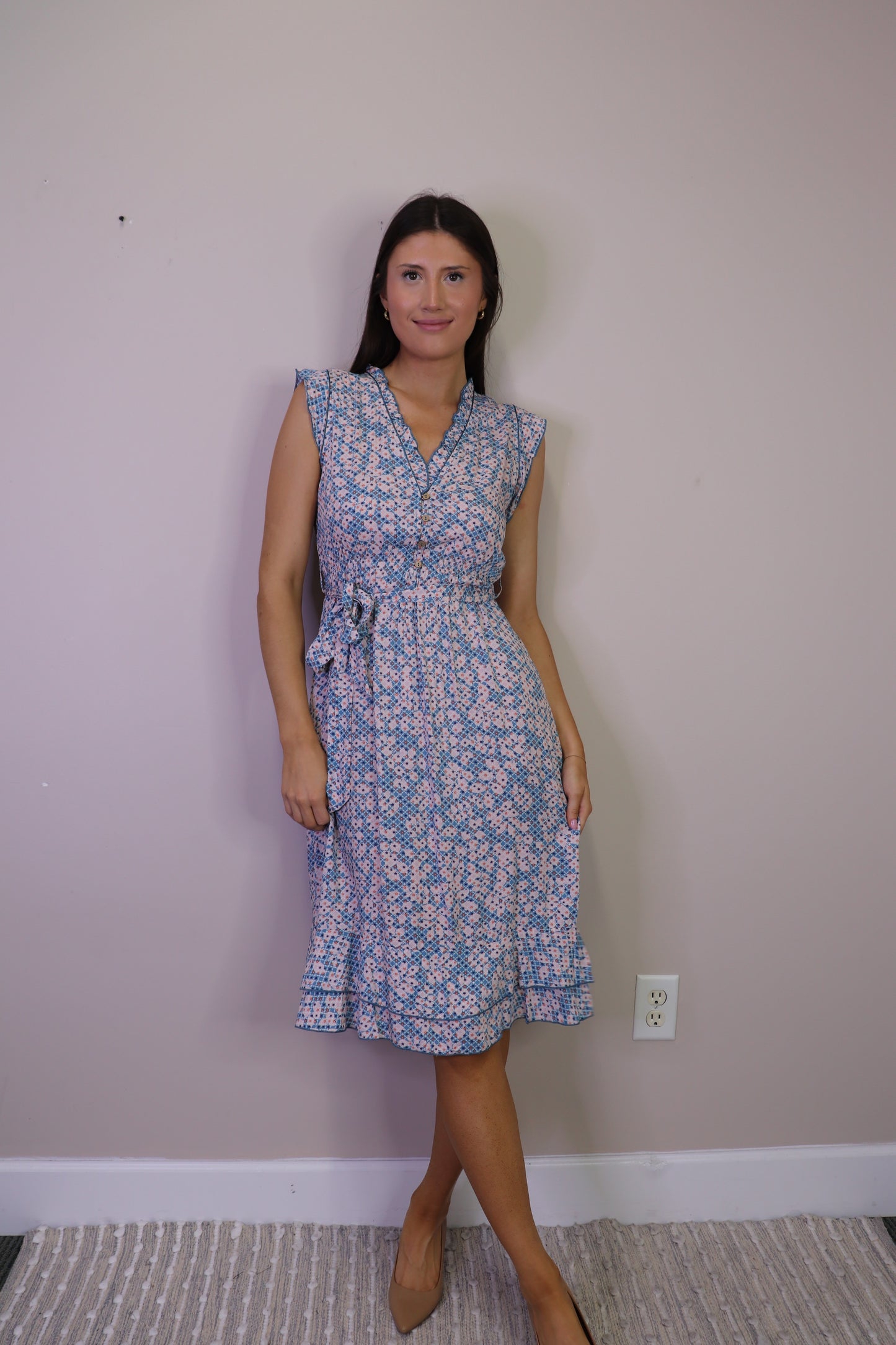 PD16585 BLUE Ditsy Ruffle Trim Dress w Elastic Waist & Tie Belt