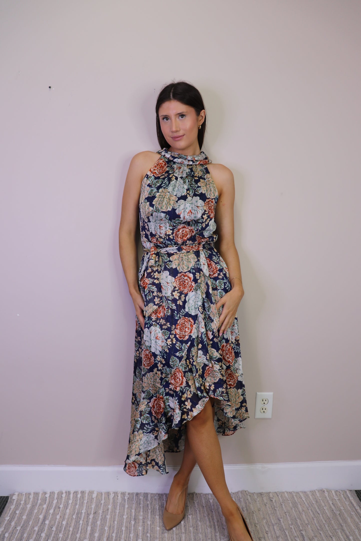 PD16599 NAVY Floral High Low Halter Dress with Lurex