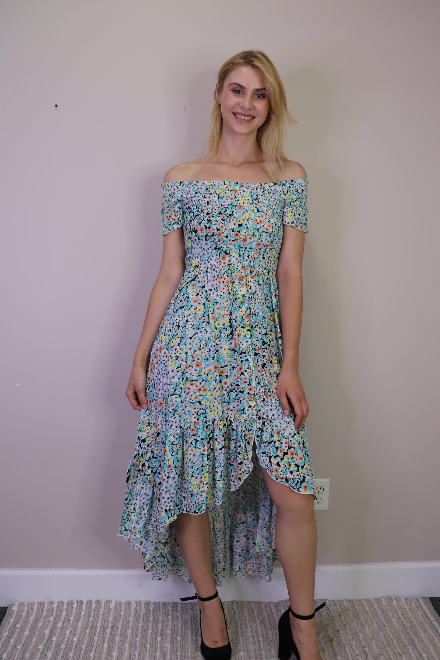 PD16664 BLUE Smocked Floral High Low Dress with Button Detail
