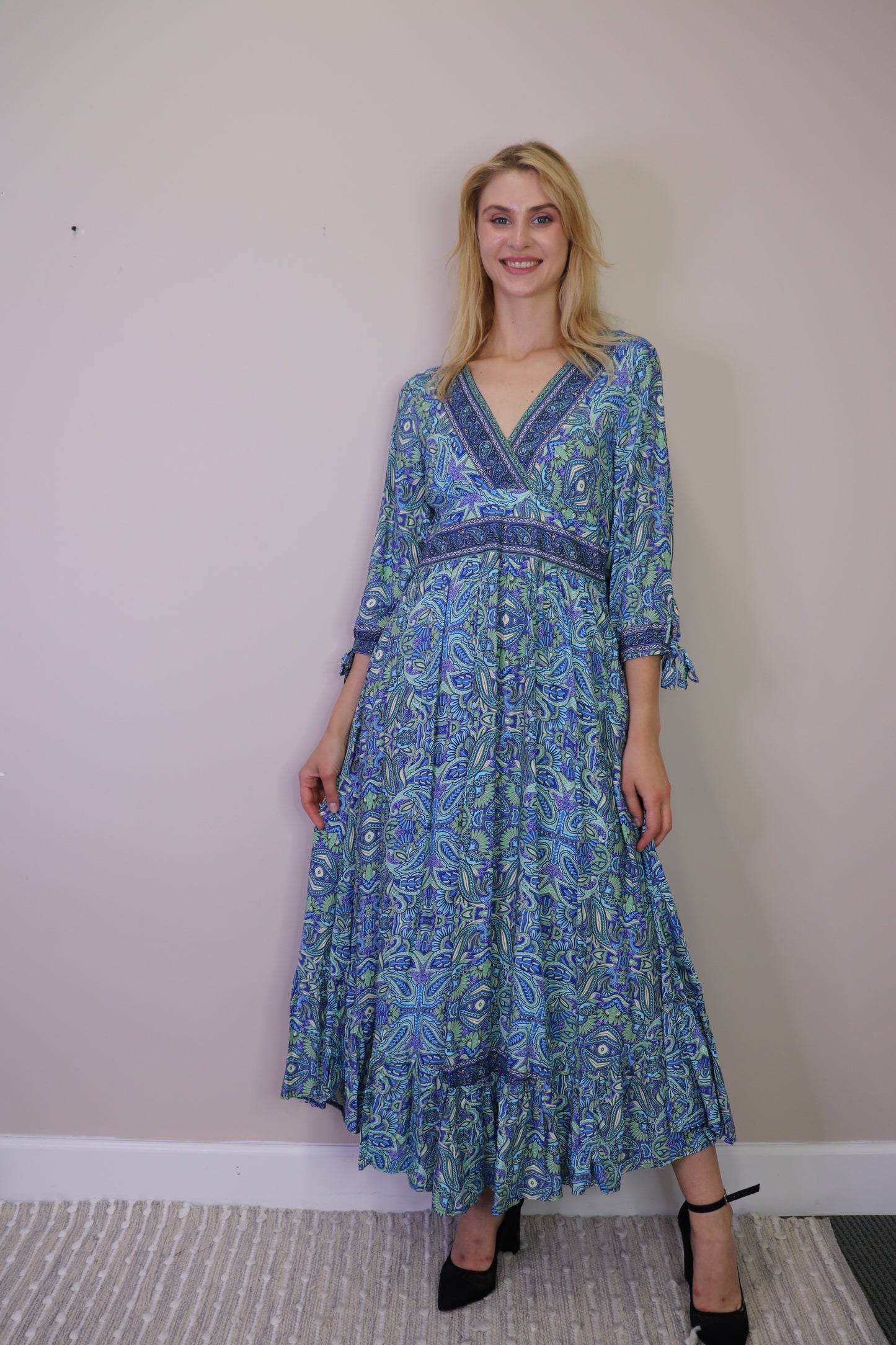 PD16673 BLUE Paisley Empire Waist Dress with Tie Sleeves