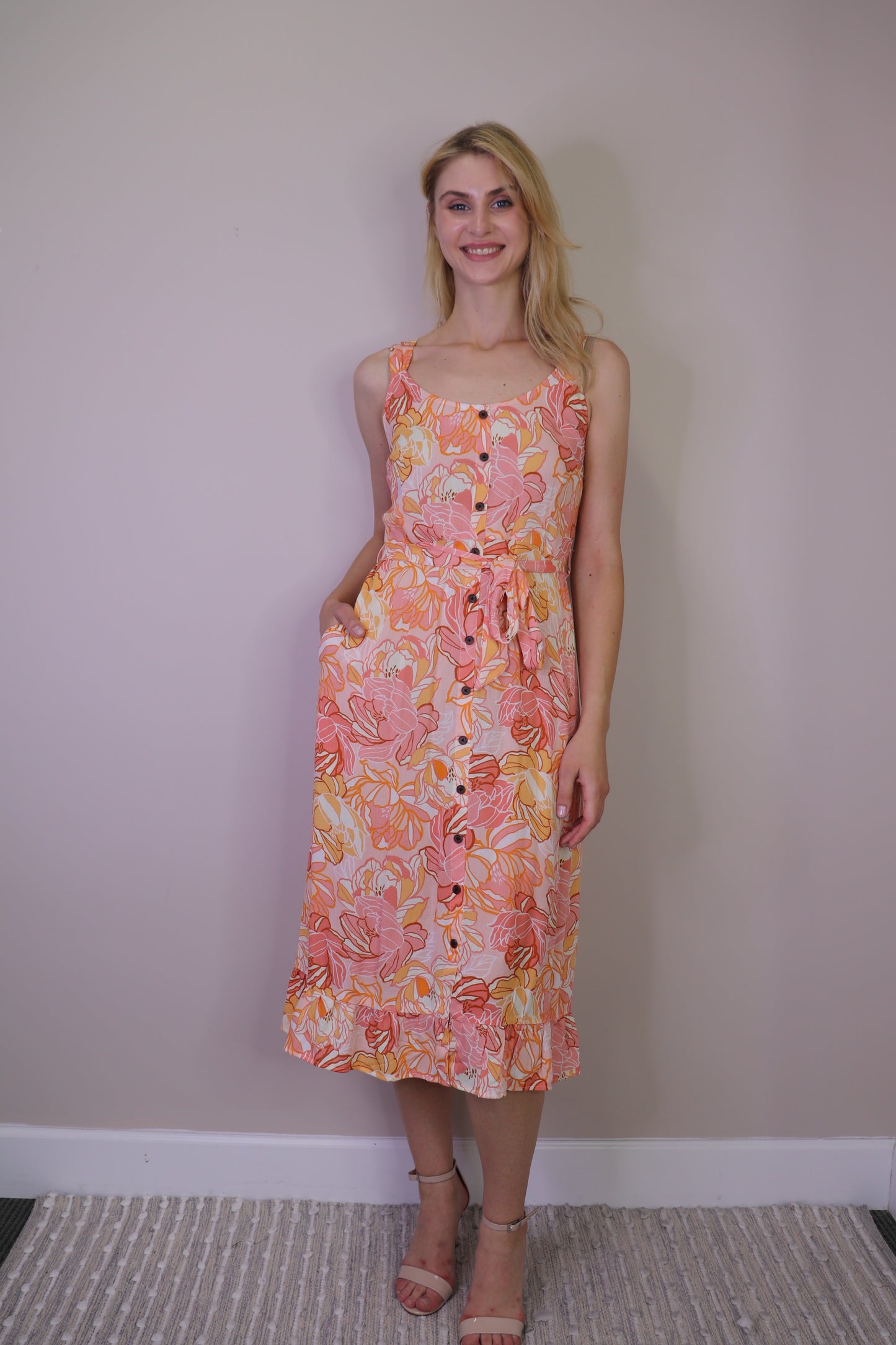 PD16714 ORANG Floral Crinkled Dress with Pockets & Tie Belt