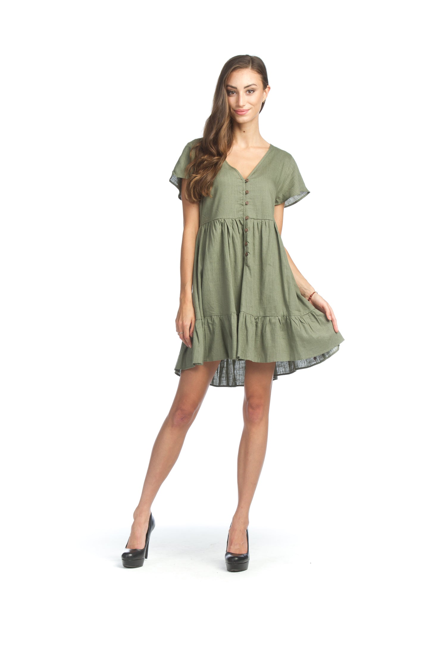 PD07589 SAGE Cotton Blend Short Sleeve Dress w Ruffle Hem