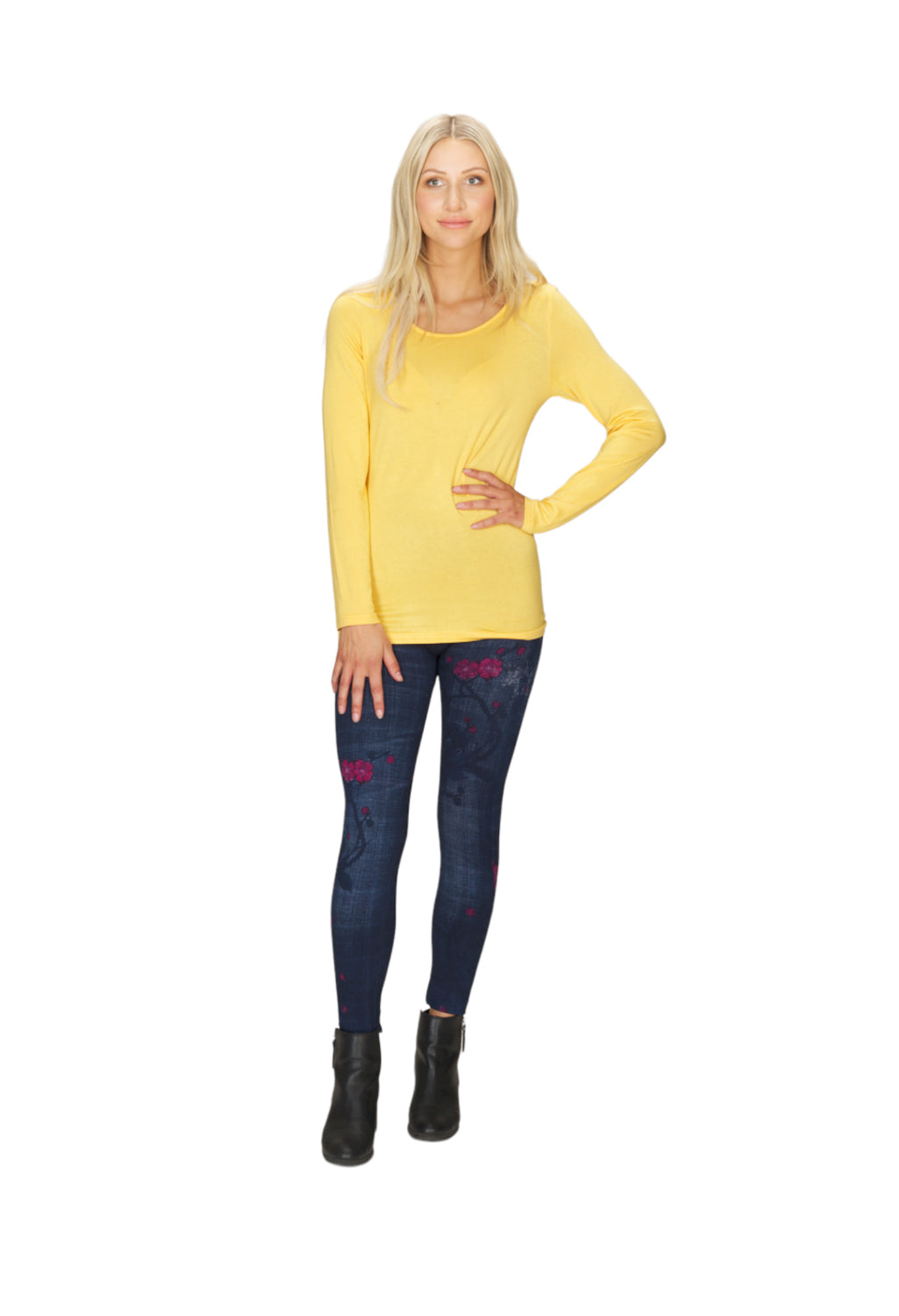 PP04810 DENIM Jeans Print Fleece Leggings with Pick Floral