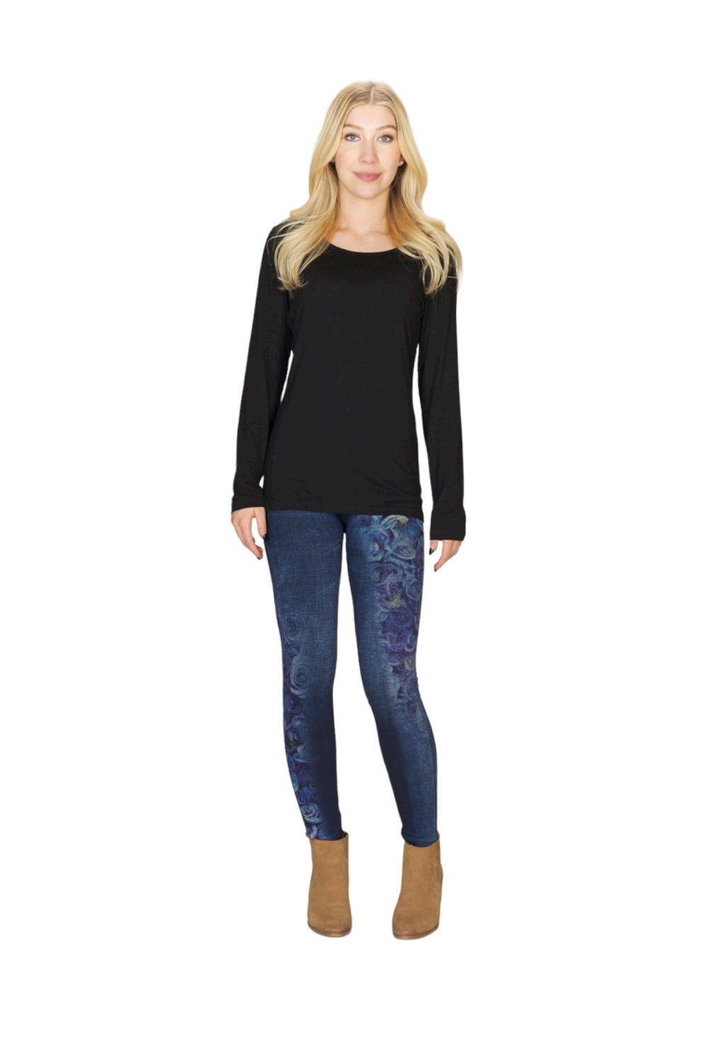 PP04811 DENIM Jeans Print Fleece Leggings with Rose Print