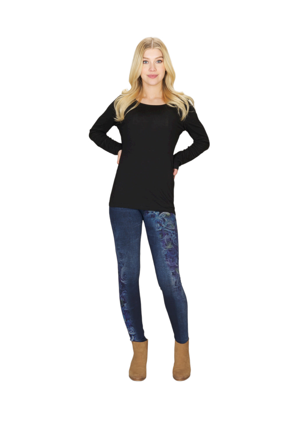 PP04811 DENIM Jeans Print Fleece Leggings with Rose Print