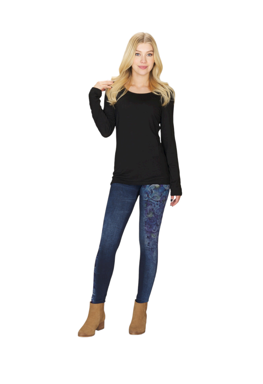 PP04811 DENIM Jeans Print Fleece Leggings with Rose Print