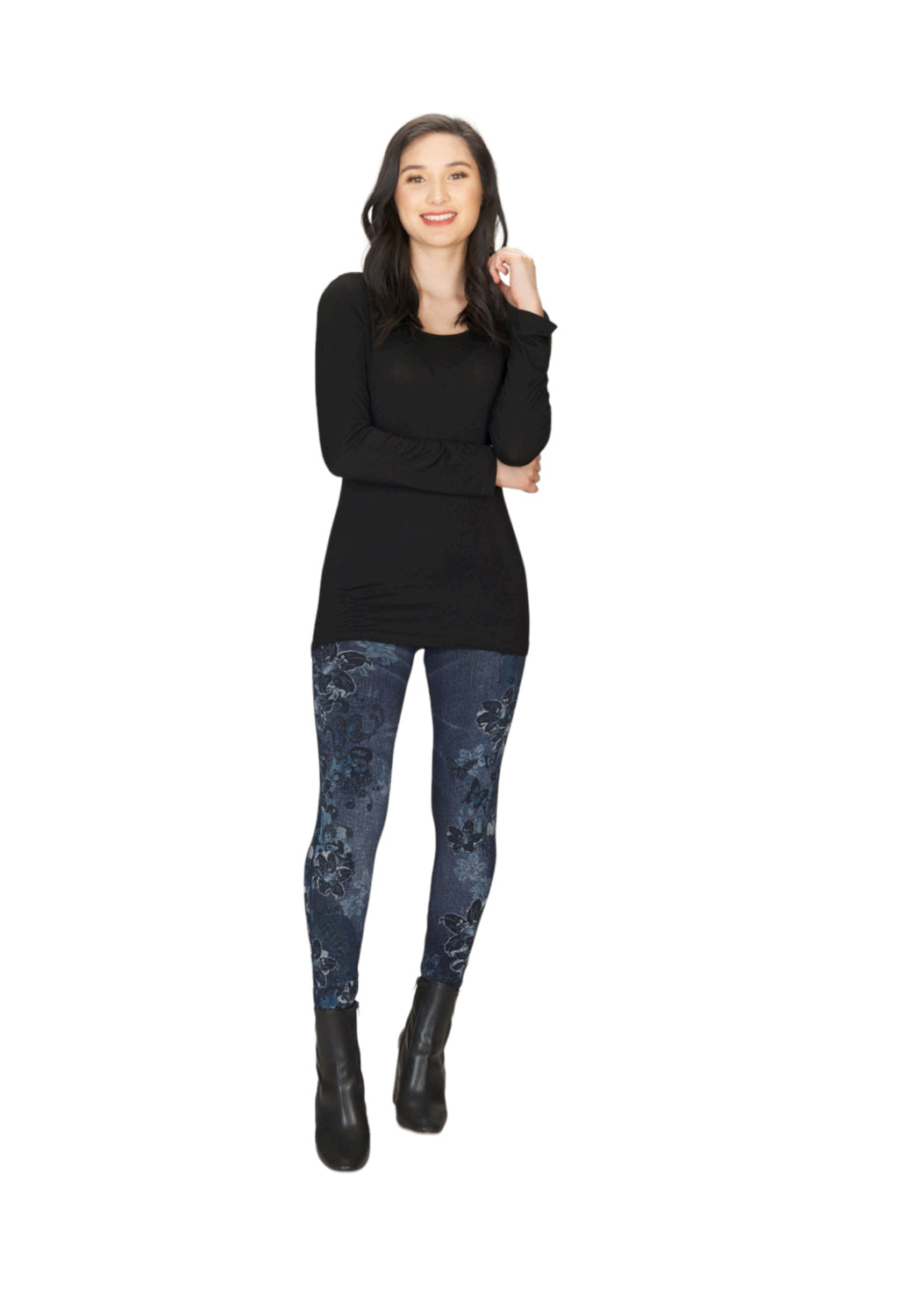 PP04812 DENIM Jeans Print Fleece Leggings with Floral Print