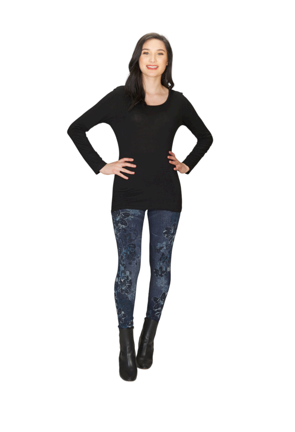 PP04812 DENIM Jeans Print Fleece Leggings with Floral Print