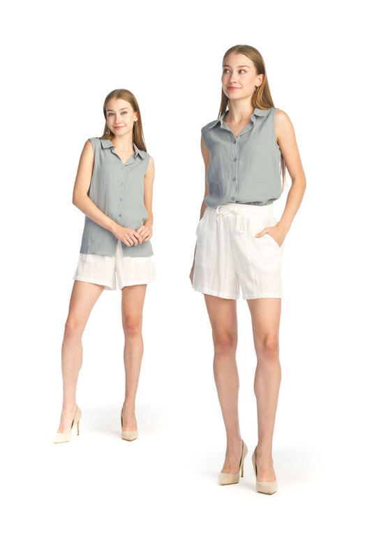 PP14827 WHITE Cotton Gauge Shorts with Pockets & Elastic Waist