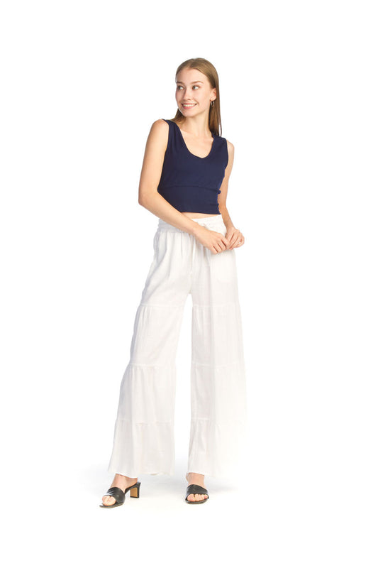 PP14828 WHITE Tiered Elastic Waist Pants with Pockets