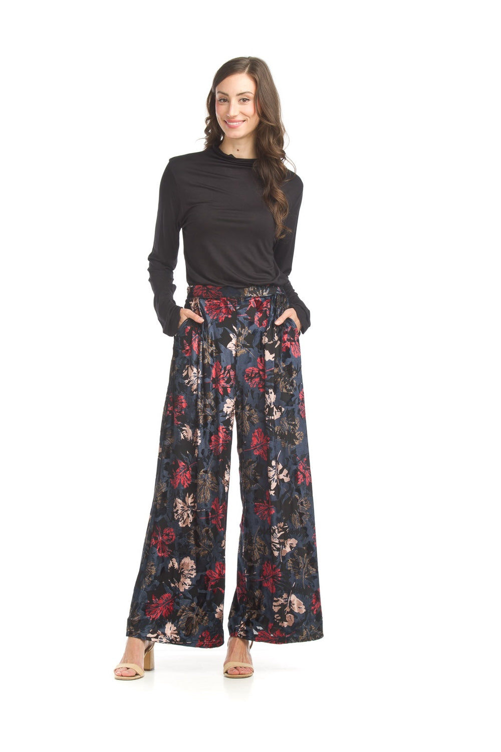 PP17802 BLACK Floral Velvet Burnout Wide Leg Pants