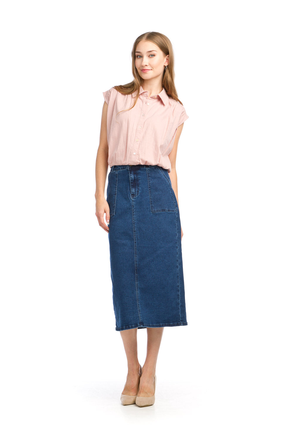 PS16906 LDENM Stretch Denim Maxi Skirt with Front Slit