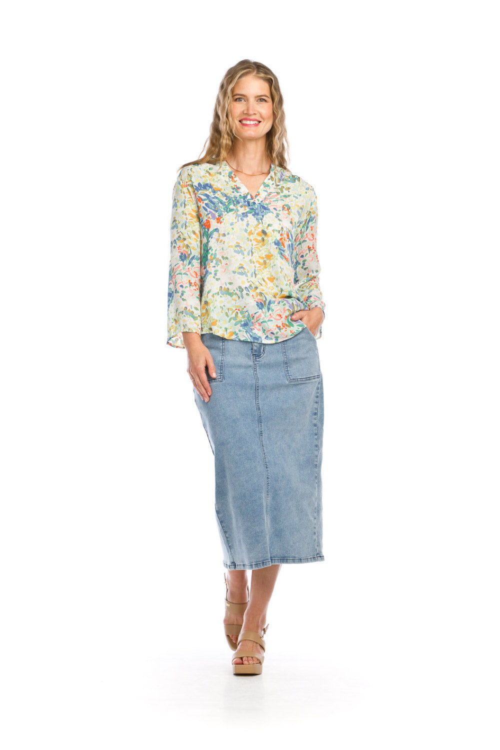 PS16906 LDENM Stretch Denim Maxi Skirt with Front Slit