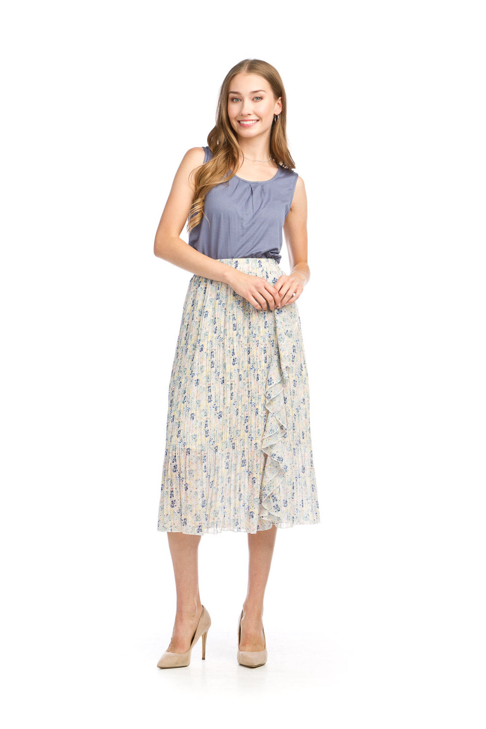 PS16918 WHITE Ditsy Floral Pleated Skirt with Ruffle Detail