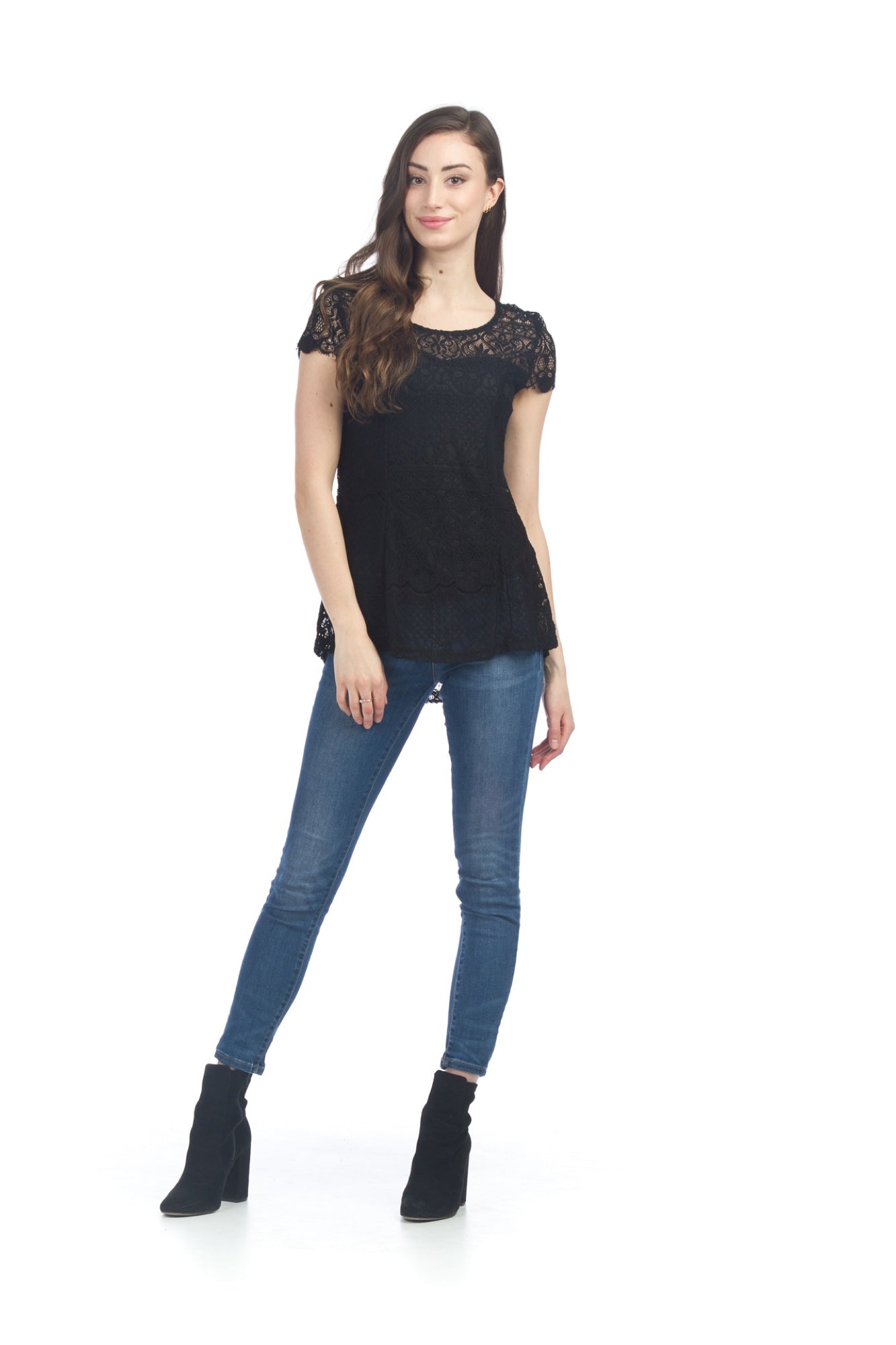 PT06018 BLACK Lace Short Sleeve Peplum Style Blouse