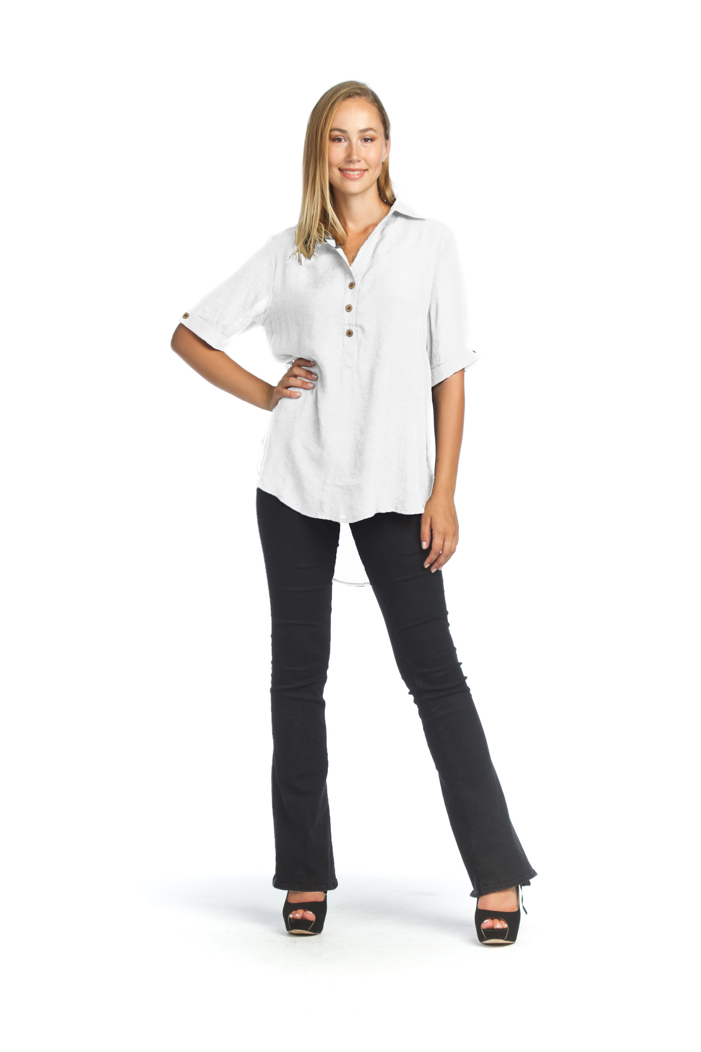 PT07088 WHITE Short Sleeve Collared Blouse