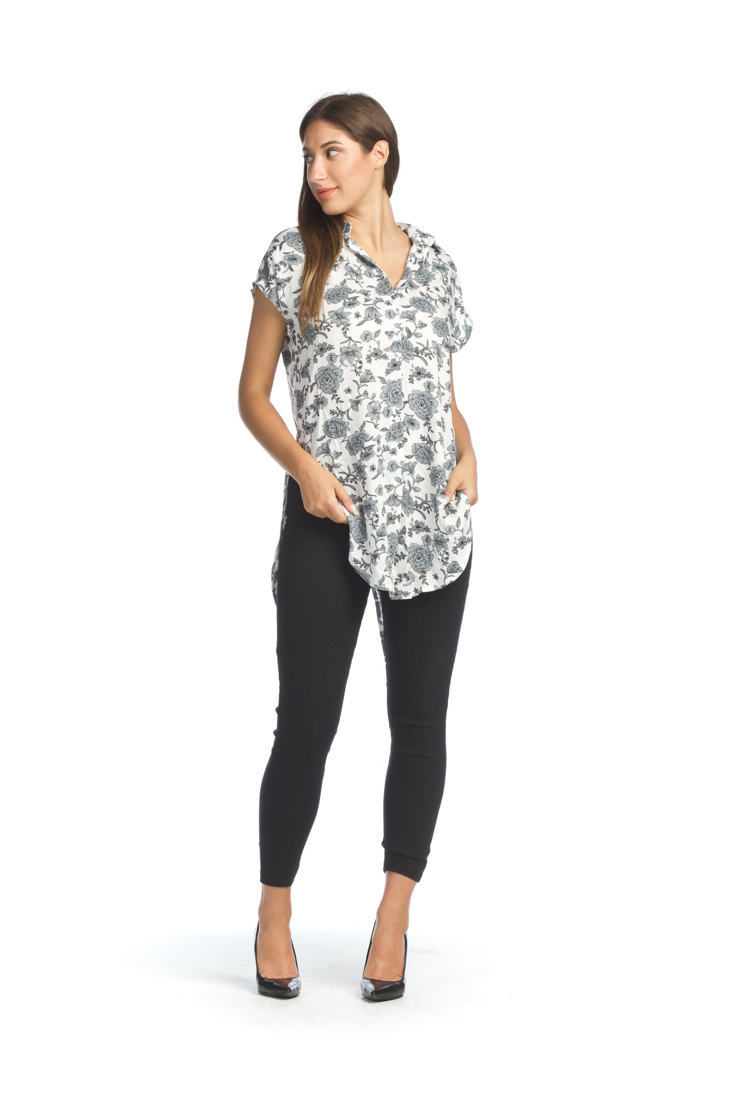 PT07106 WHITE Floral Collared Short Sleeve Blouse