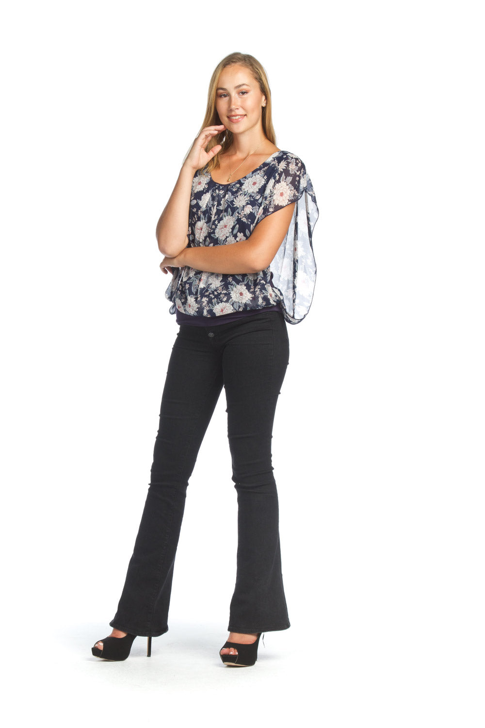 PT07115 NAVY Floral Overlay Blouse with Stretch Jersey Lining