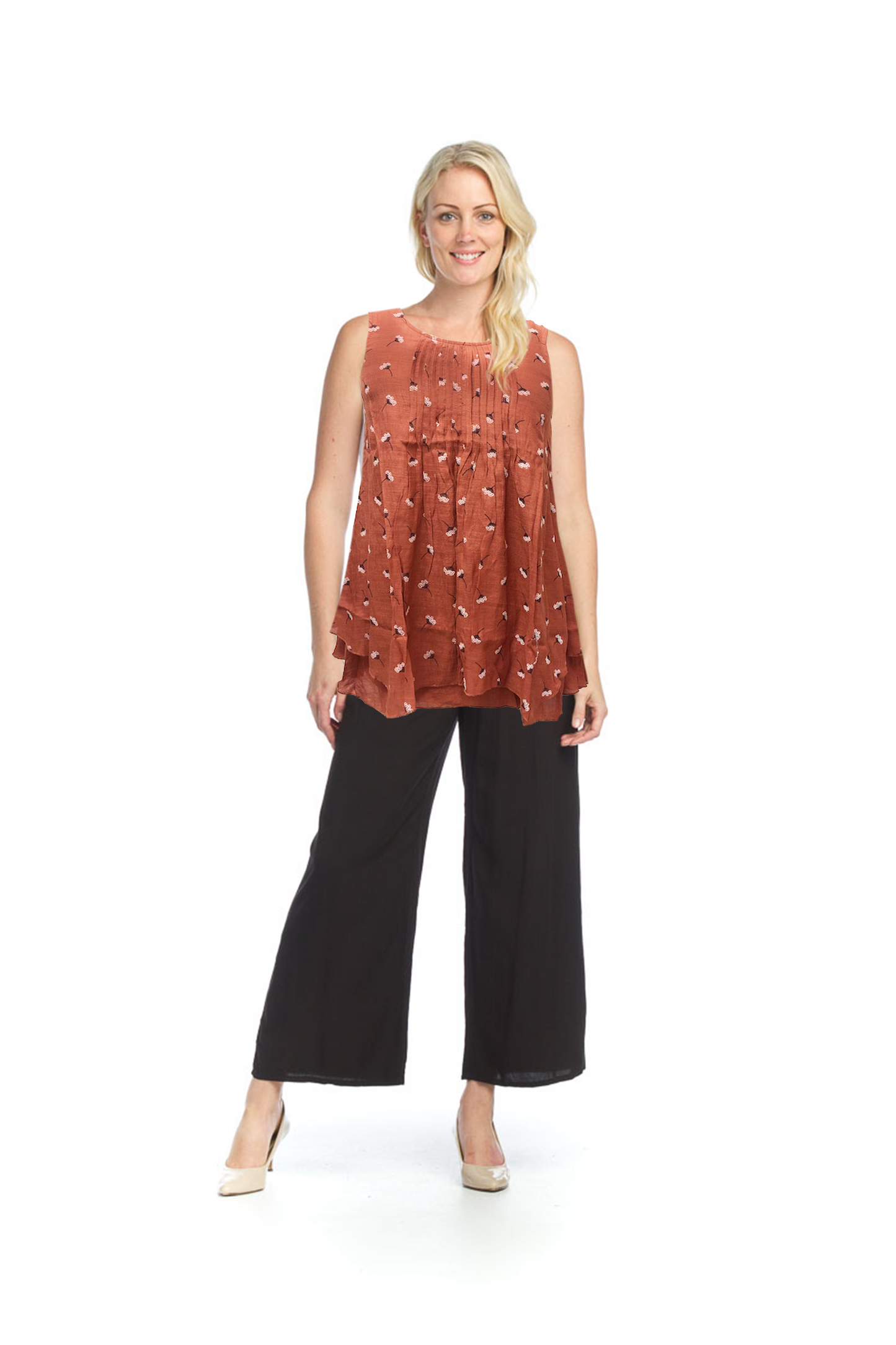 PT07129 RUST Floral Pleated Tunic