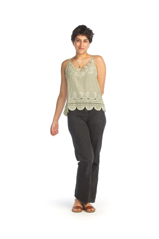 PT14023 TAUPE Embroidered Cami with Lace Trim