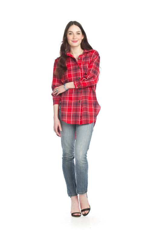 PT15011 RED Plaid High Low Button Front Tunic
