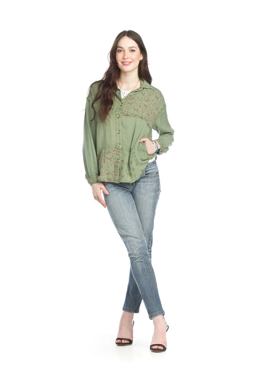 PT15028 SAGE Embroidered Button Front Blouse with Pockets
