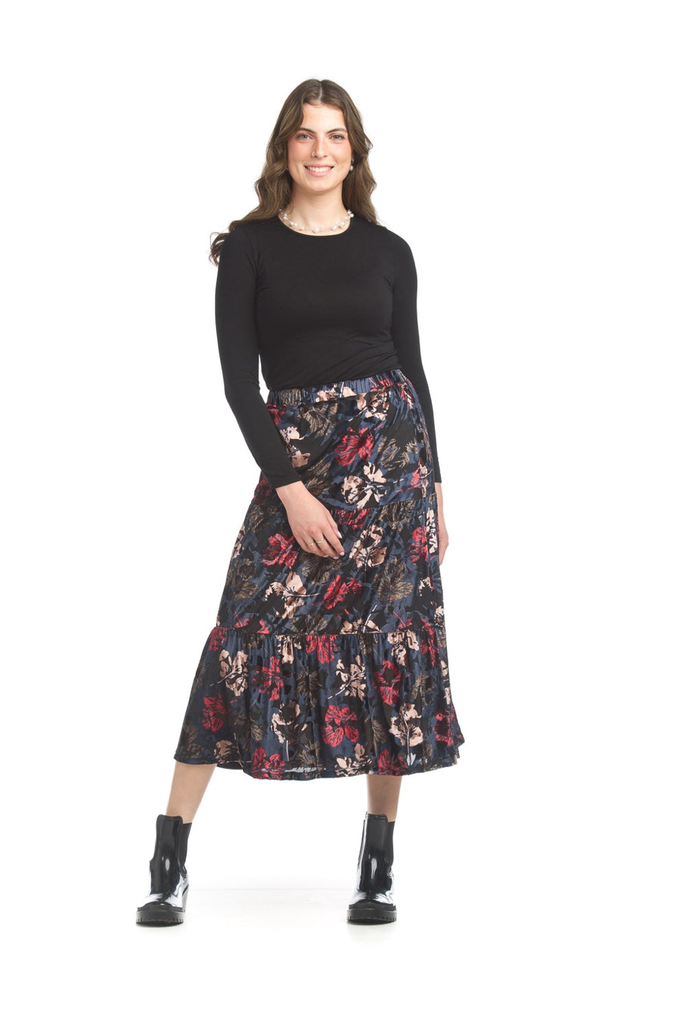 PS17909 BLACK Velvet burnout tiered skirt