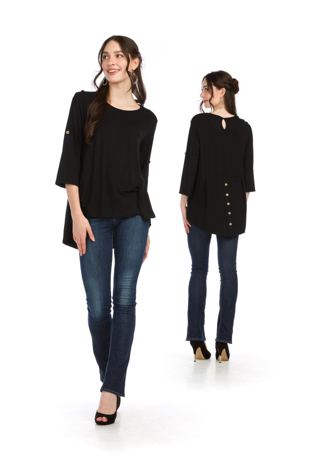 PT15036 BLACK Bamboo Stretch High Low Top w Back Button Detail