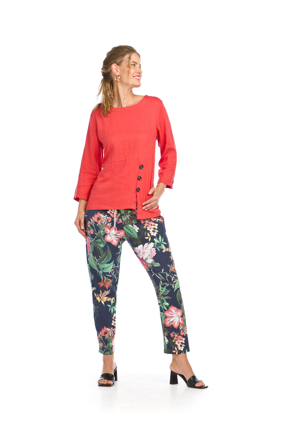 PT16021 BRICK Linen Blend High Low Tunic with Button Details