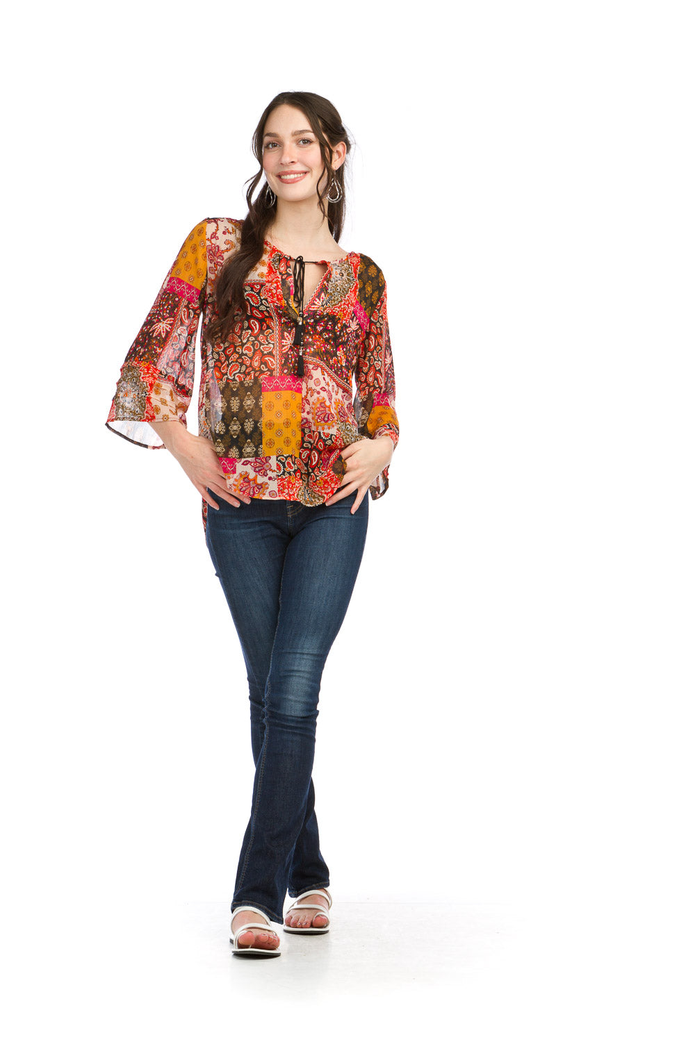 PT16024 MULTI Patch Print with Lurex Tie Neck High Low Blouse
