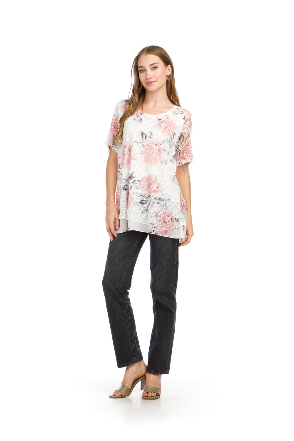 PT16029 PINK Floral Mesh Sequin Layered Short Sleeve Top