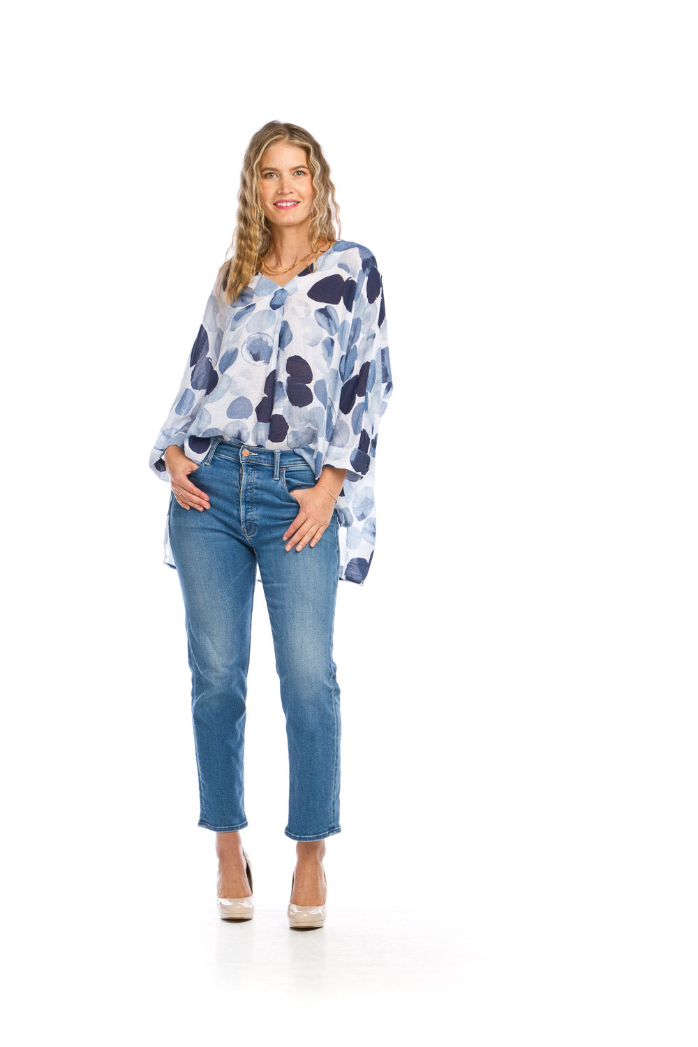 PT16058 BLUE Polka Dot High Low V Neck Blouse