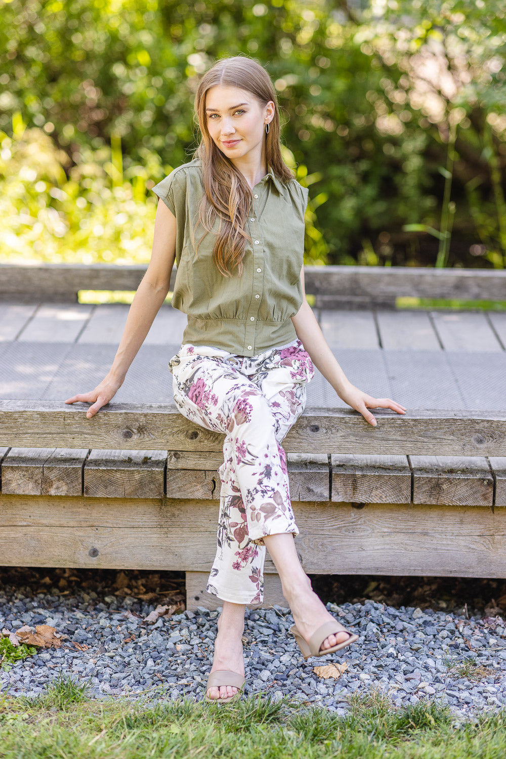 PT16079 SAGE Button Front Blouse with Extended Shoulder