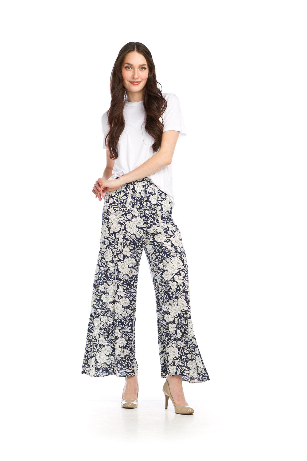 PP16813 WHTNV Floral Wide Leg Pants with Elastic Waist