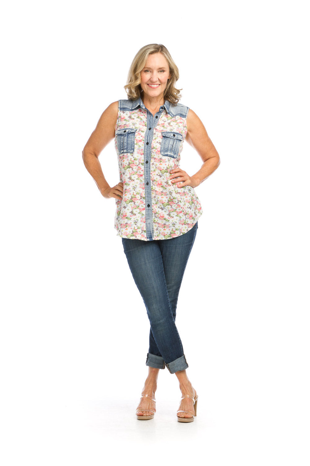 PT16140 PINK Floral Denim Trim Top with Pockets