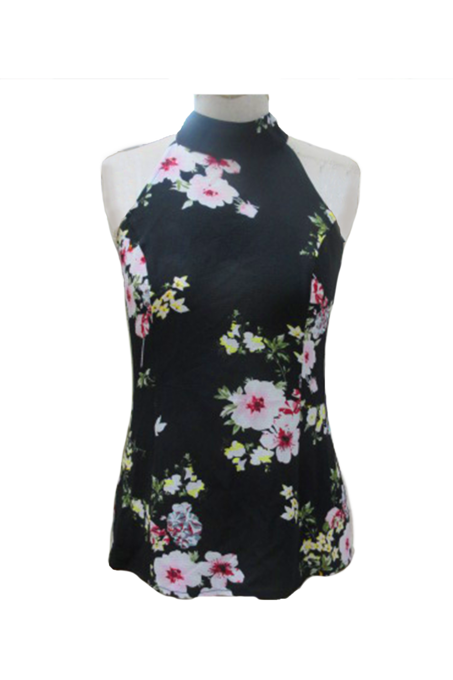 PT16143 BLACK Floral Print High Neck Tank
