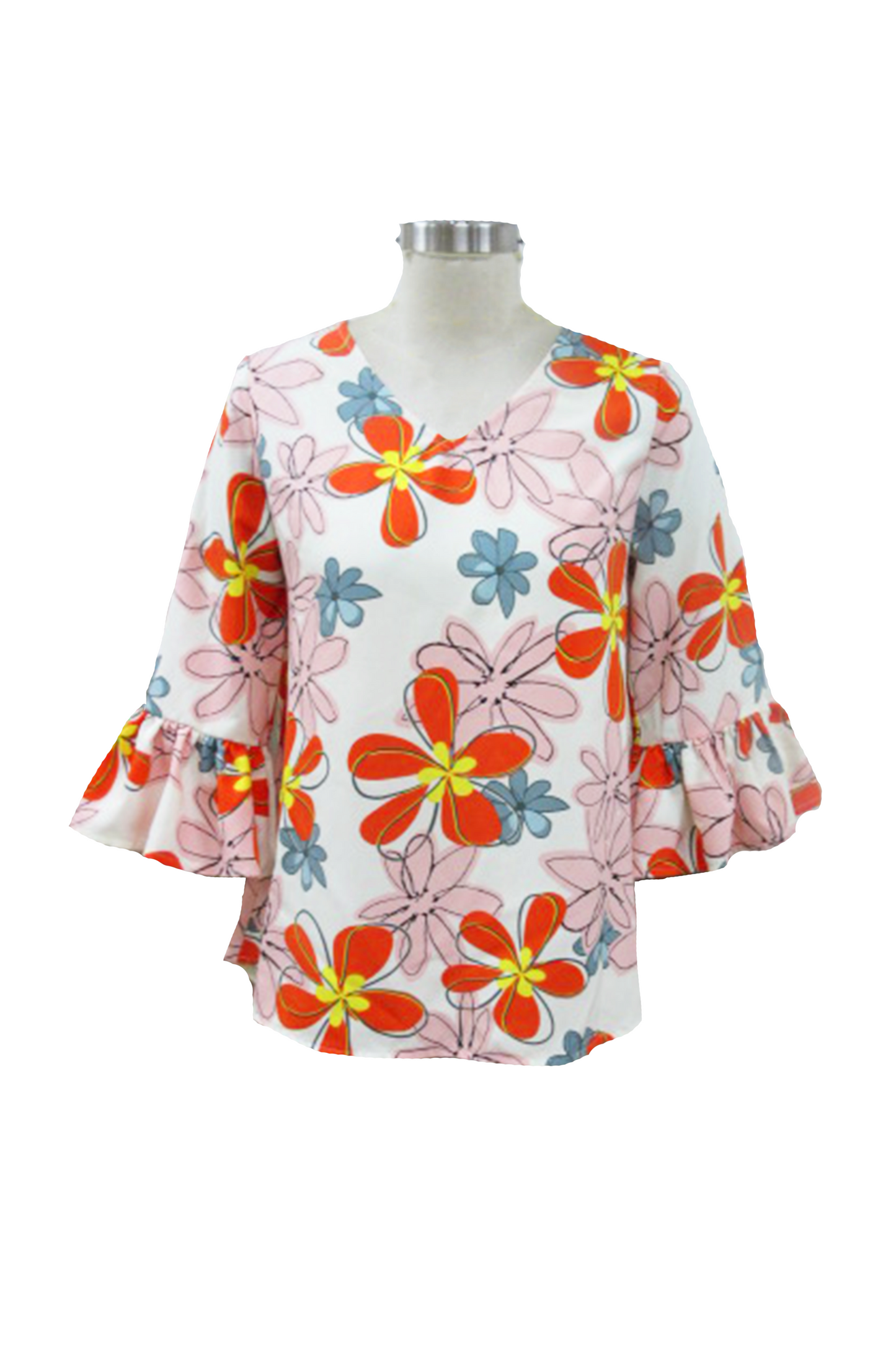 PT16144 WHITE Floral High Low Top with Bell Sleeves