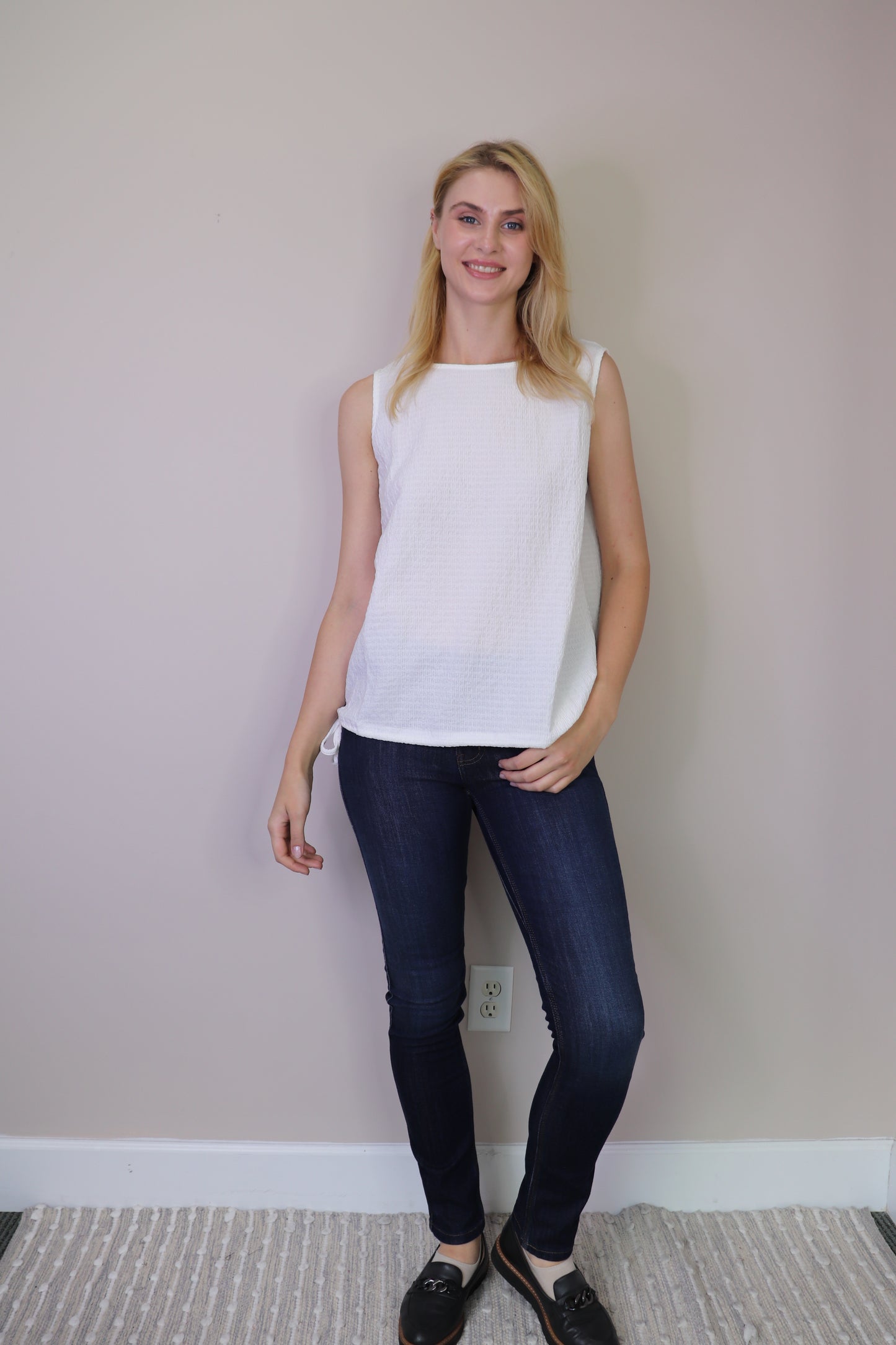 PT16041 WHITE Stretch Knit Tank Top with Tie Hem