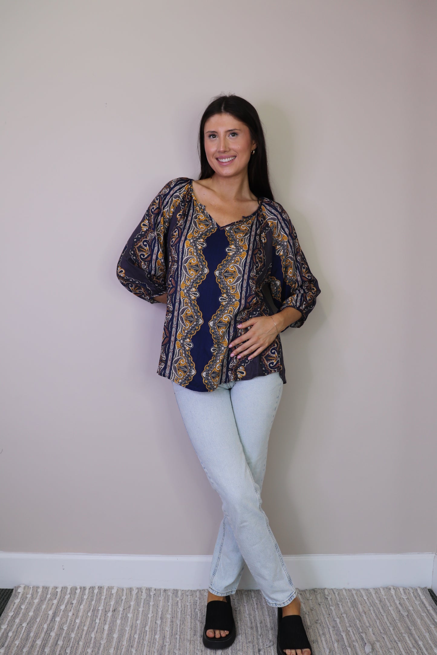 PT16125 NAVY Paisley Boho Print 3/4 Sleeve Blouse