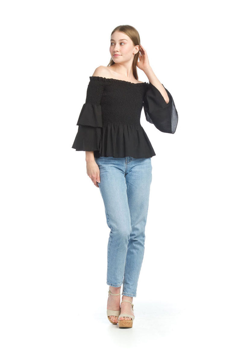 PT07063 BLACK Smocked OTS Blouse with Layered Bell Sleeves