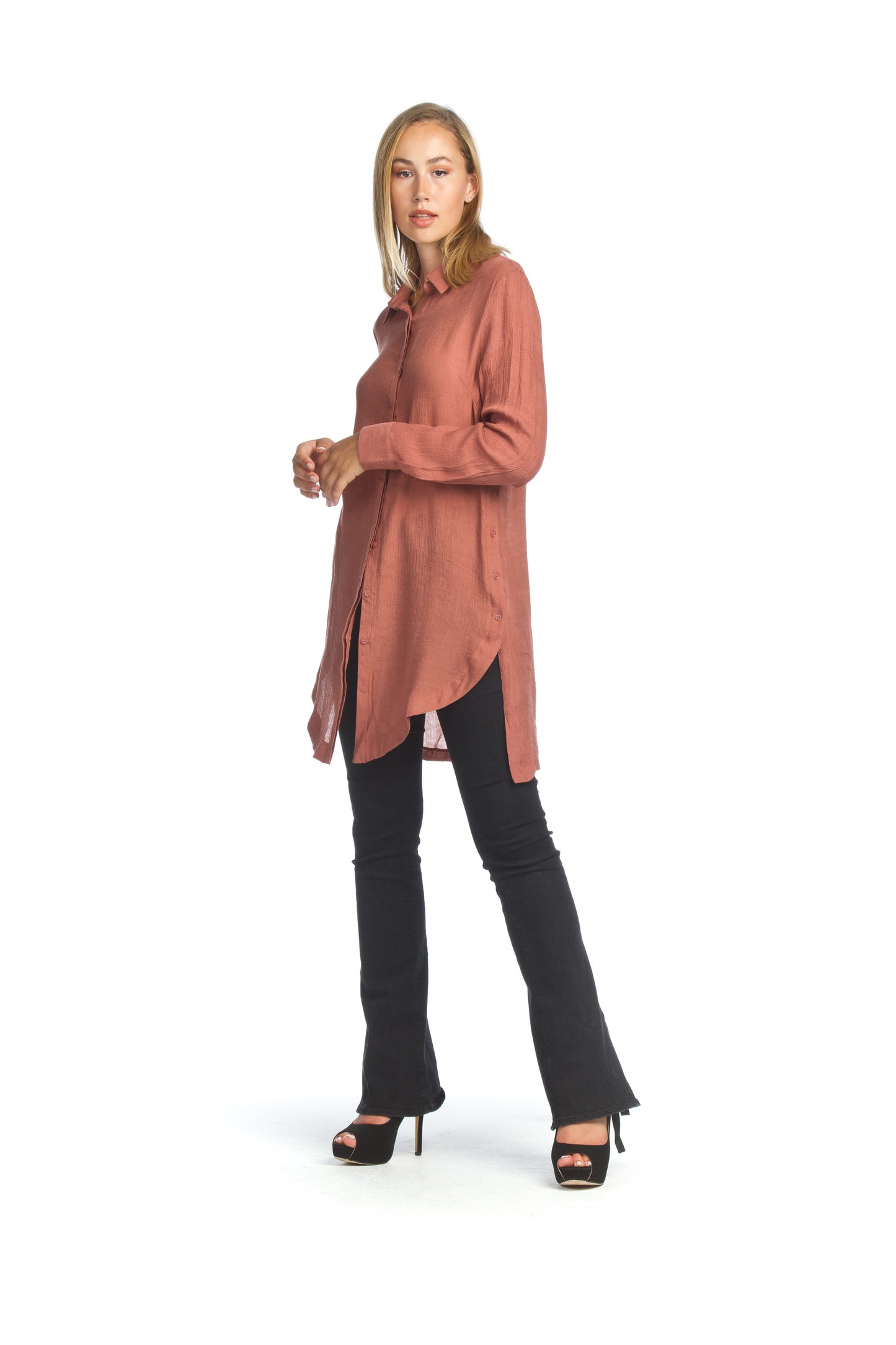 PT07072 RUST Collared Tunic with Button Detail