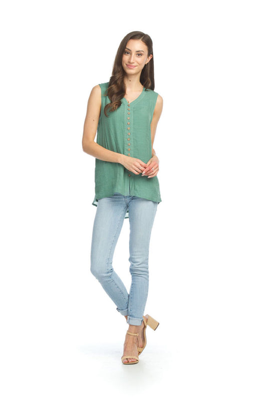 PT12014 SAGE Sleeveless Lined Button Front Blouse