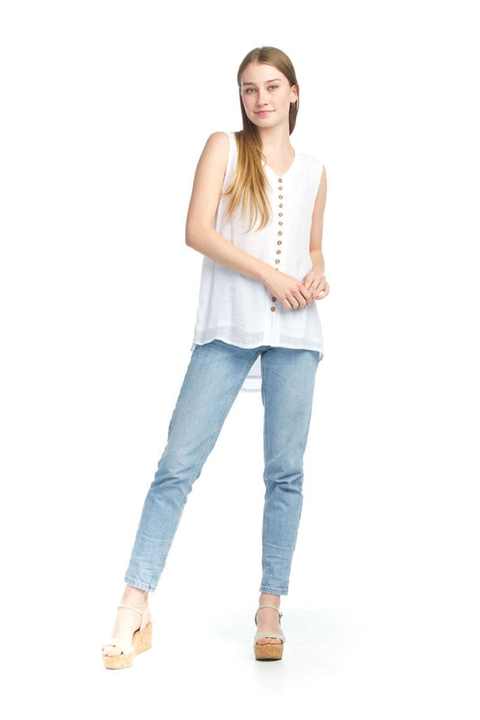 PT12014 WHITE Sleeveless Lined Button Front Blouse