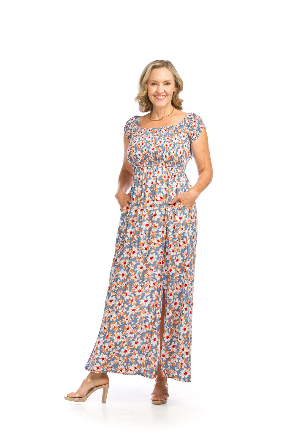 PD16655 MULTI Daisy Smocked OTS Maxi Dress with Pockets