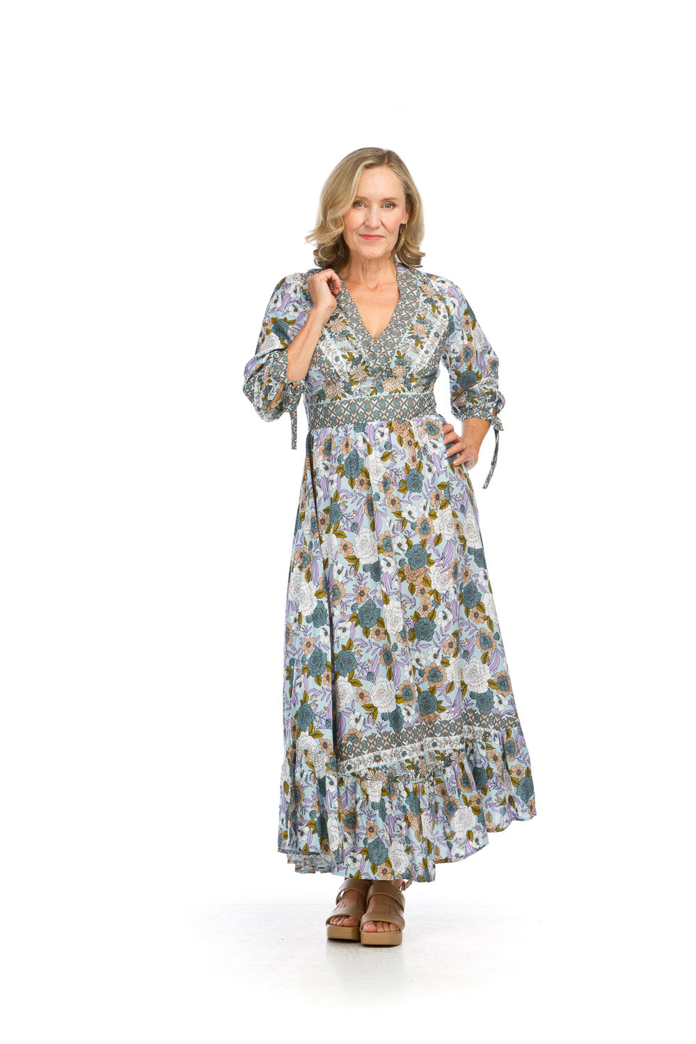 PD16694 BLUE Floral Empire Waist Dress with Tie Sleeves