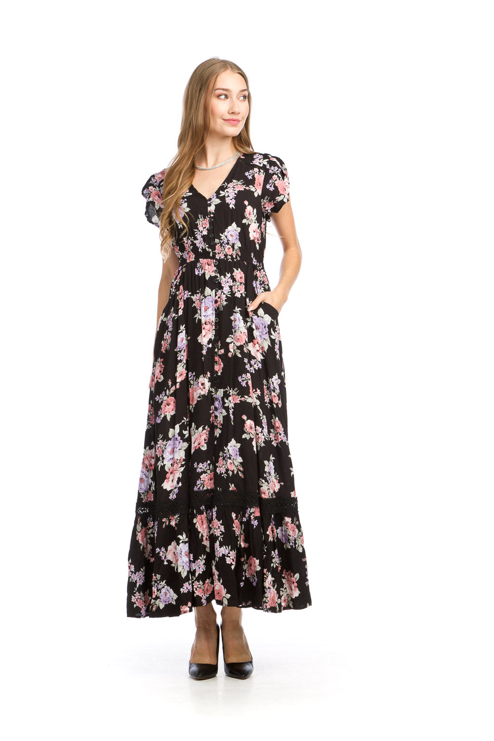 PD16671 BLACK Floral S/S Maxi w Elastic Waist & Lace Inset Dtl