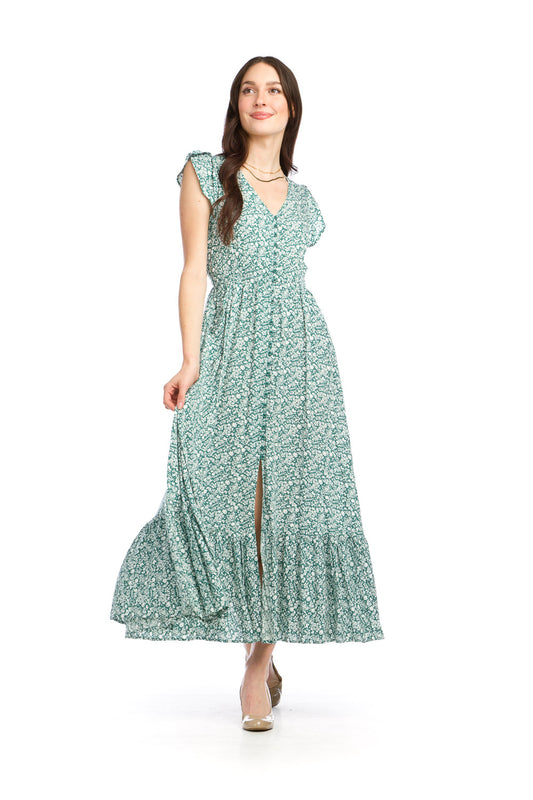 PD16529 GREEN Ditsy Floral Print Button Front Maxi w Pockets