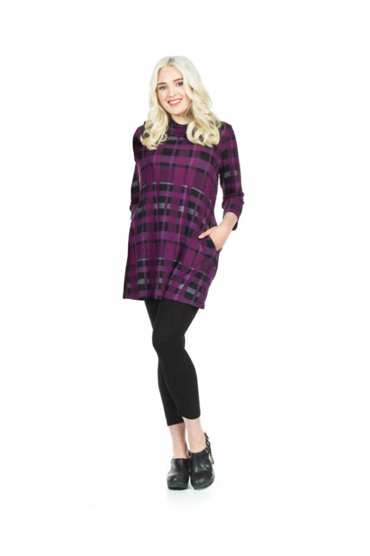 SD02425 PURPL 3/4 Sleeve Plaid Cowl Neck Dress