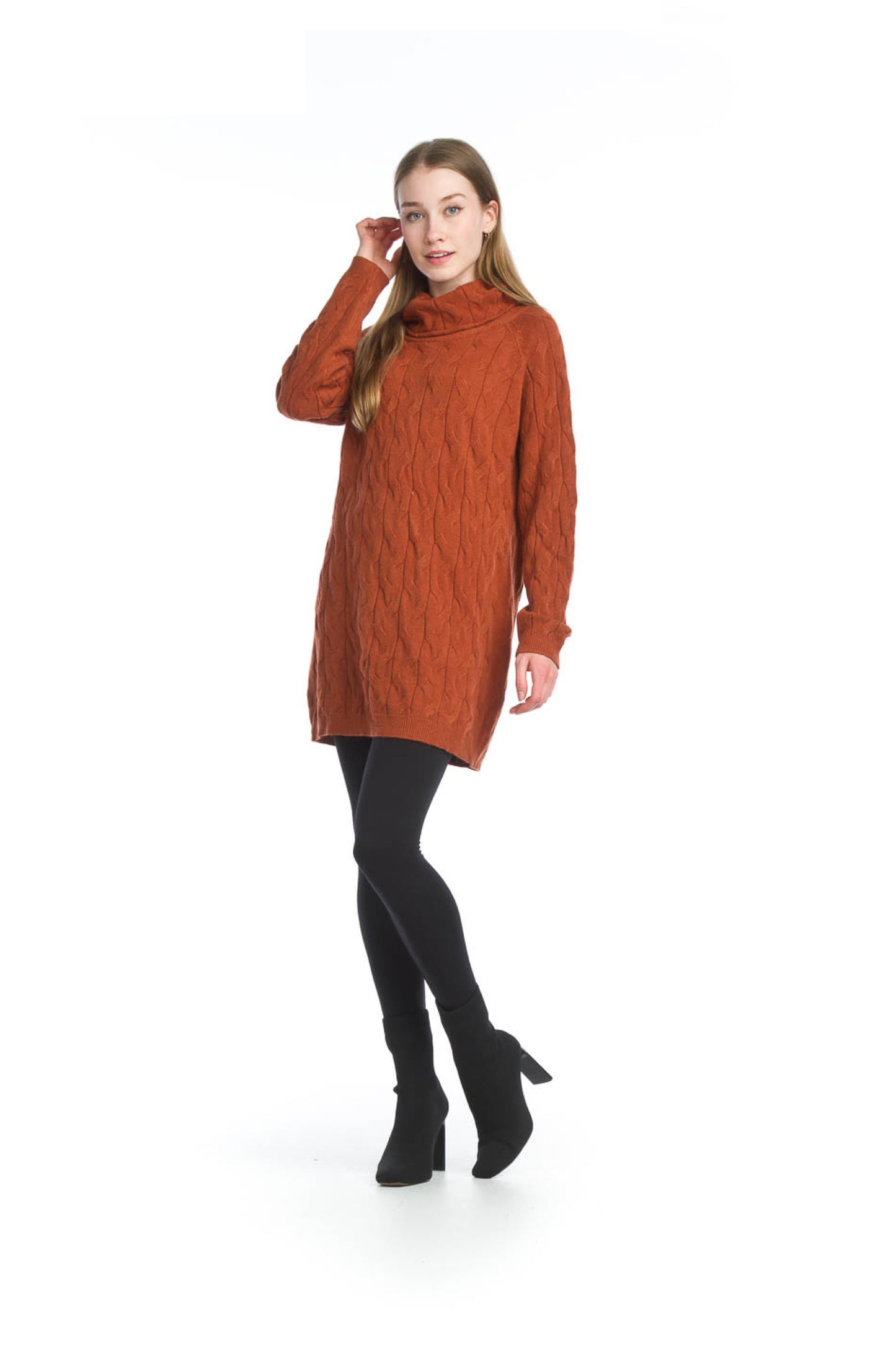 SD06415 RUST Cable Knit Cowl Neck Knit Sweater Dress