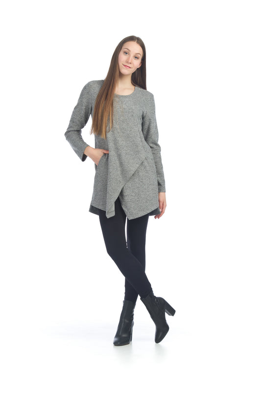 SD06421 GREY Panelled Flap Over Sweater Dress with Pockets